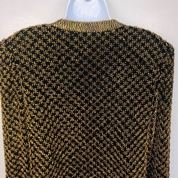 Vintage 90s Womens S Jacket Black Gold Open Front Beaded Silk Heavy - Picture 7 of 9
